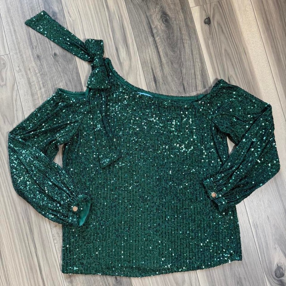 Green sequin off the shoulder blouse with tie detail